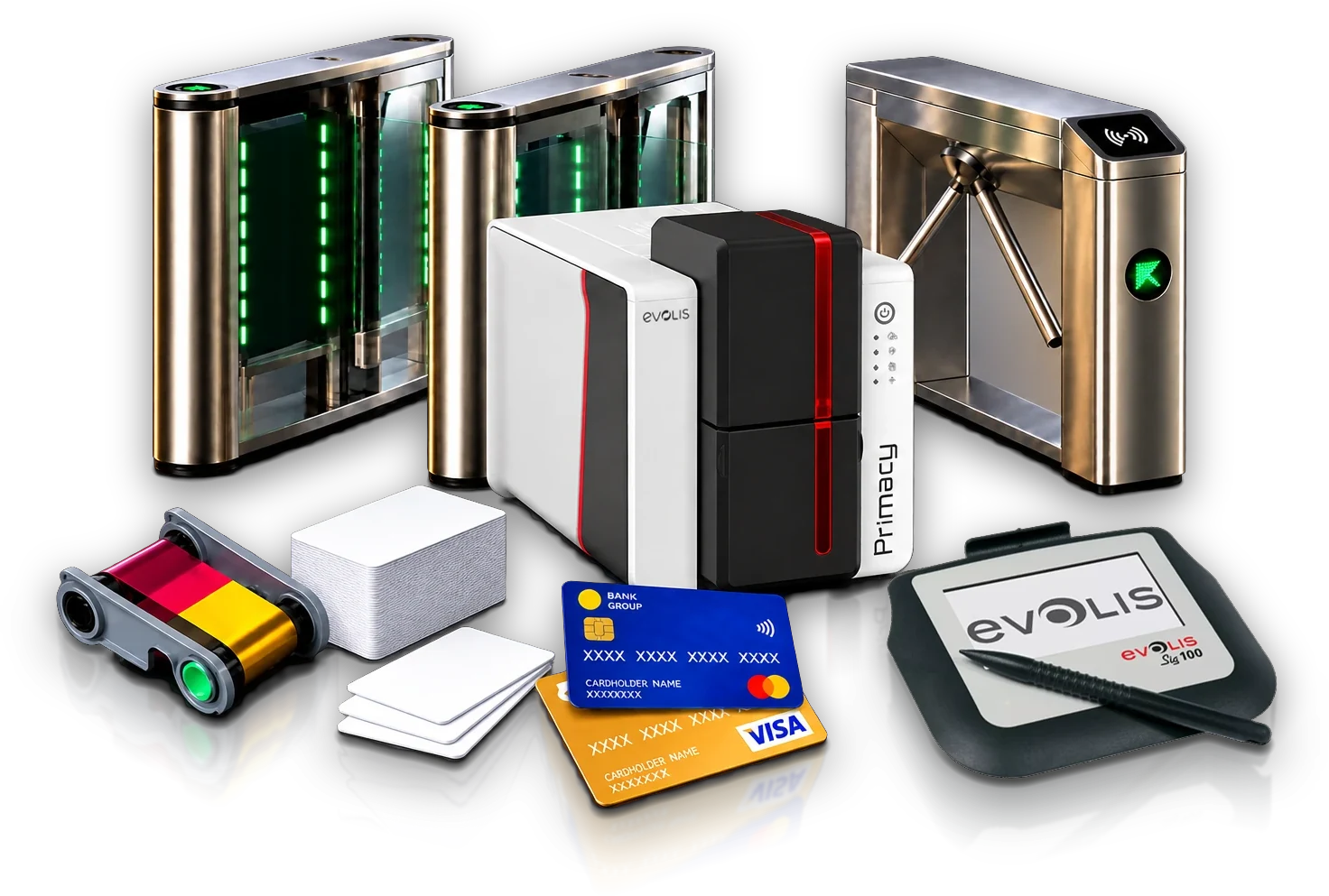طابعة بطاقات Evolis Primacy مع بوابات دخول وبوابة دوارة وشريط طباعة وبطاقات PVC وبطاقات دفع ولوح توقيع Evolis Sig100