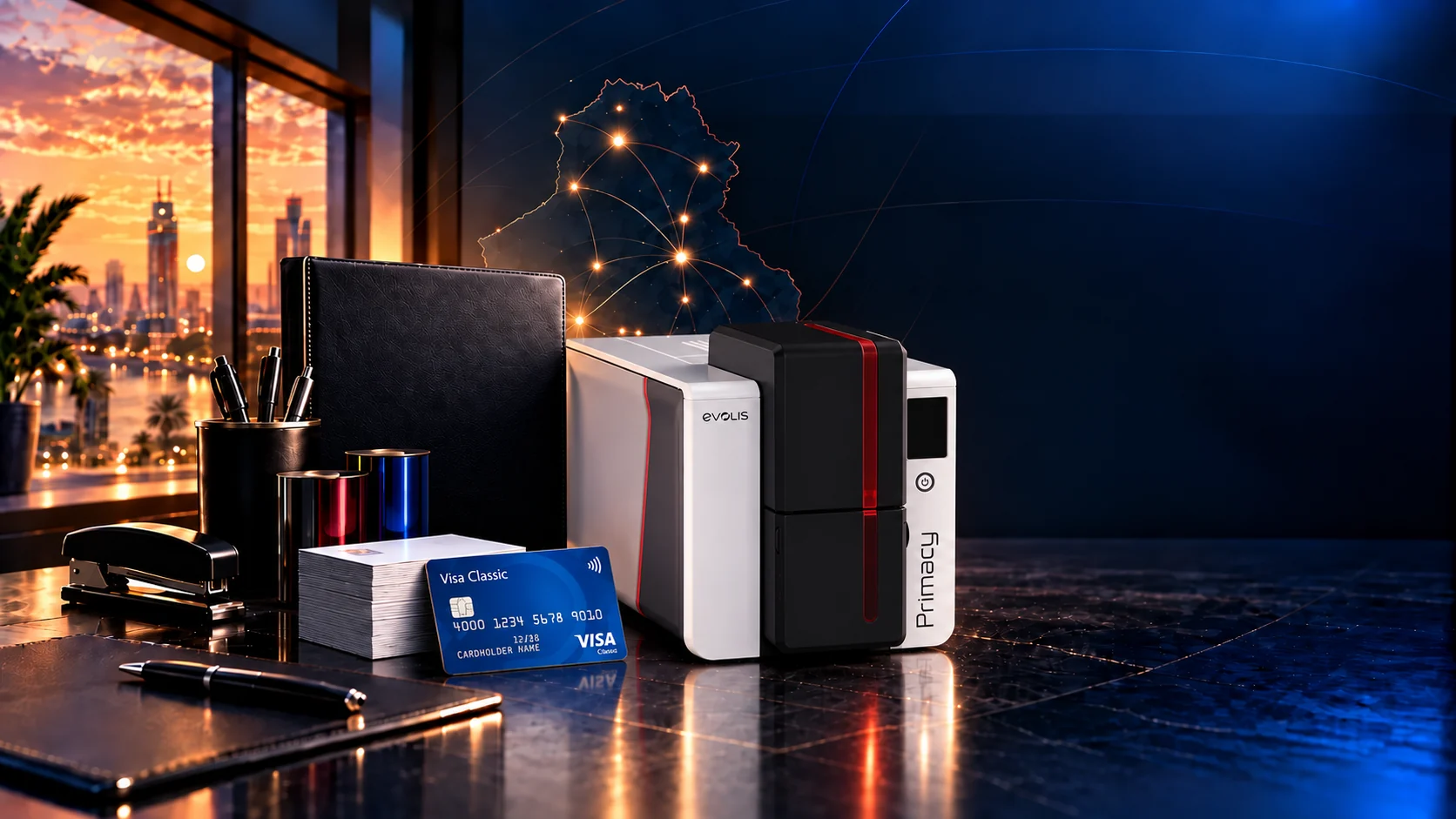 Evolis Primacy card printer with a Visa card and office supplies on a desk, with a map of Iraq behind it